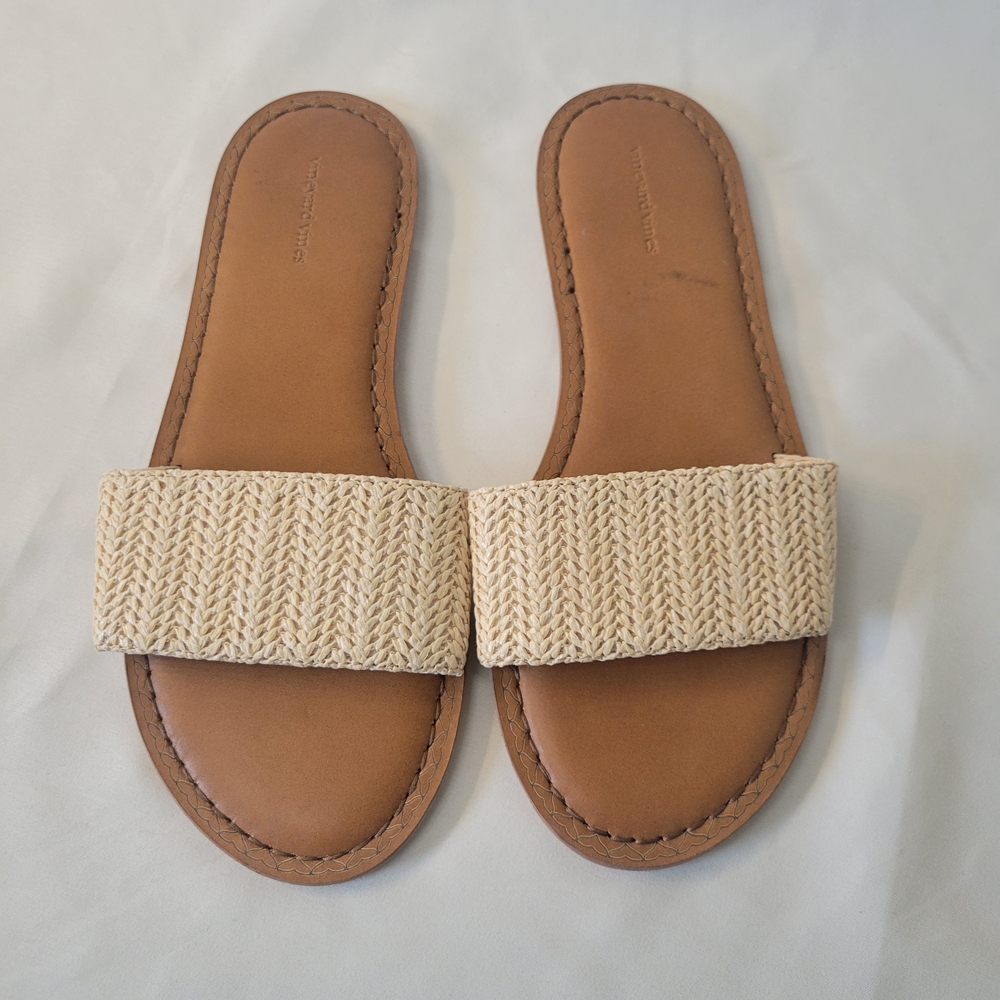 Vineyard Vines Raffia Woven Jute Leather Slide Sandals